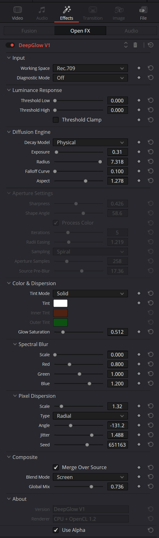Bảng thông số DeepGlow V1 trong DaVinci Resolve Inspector