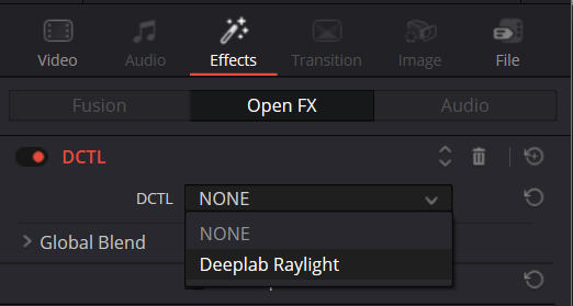 Chọn Deeplab Raylight trong dropdown DCTL của Inspector
