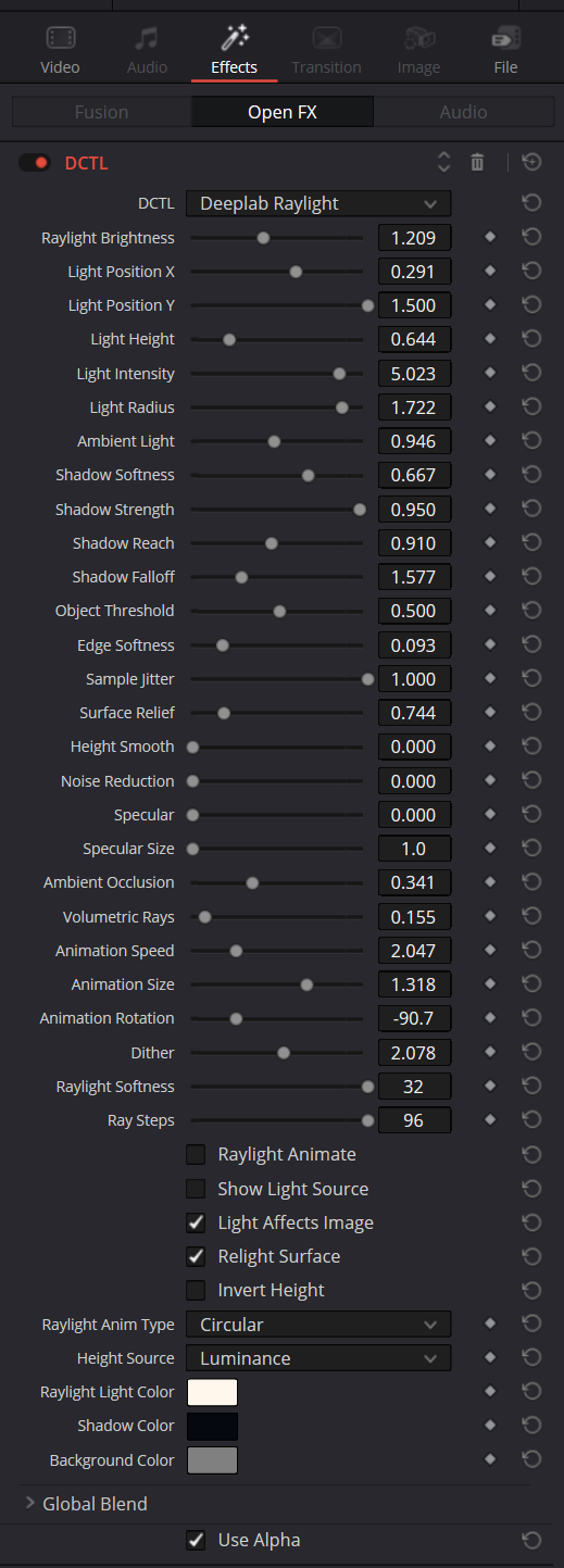 Bảng điều khiển Deeplab Raylight trong Inspector của DaVinci Resolve