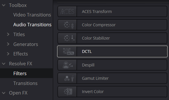 Vị trí hiệu ứng DCTL trong Resolve FX Filters