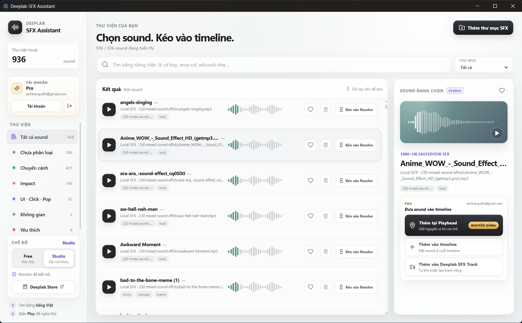 Giao diện panel Deeplab SFX Assist: tìm kiếm, preview và kéo sound vào timeline